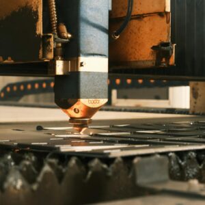 Close-up of a laser cutter operating in an industrial setting in Ankara, Türkiye.